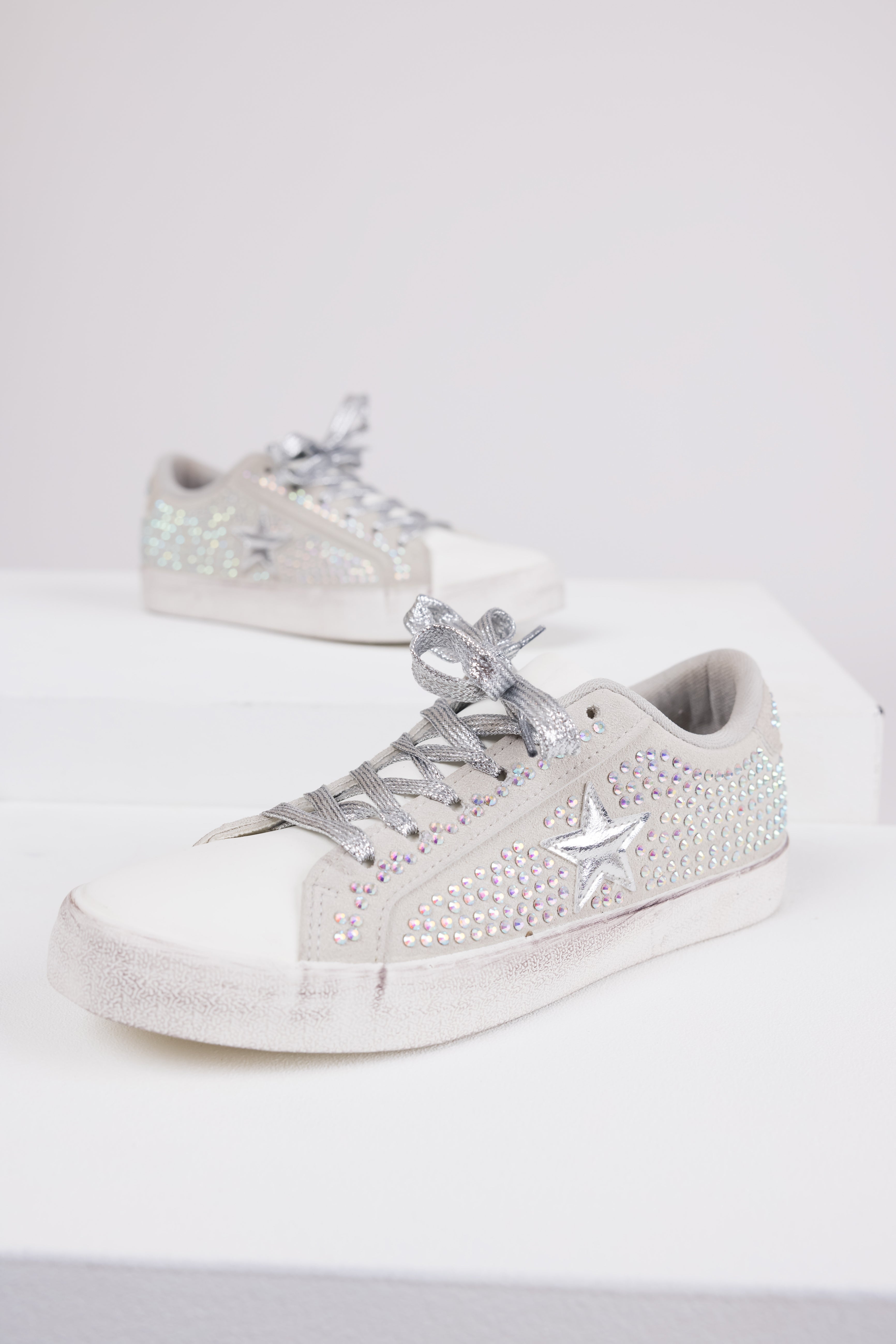 Grey Distressed Sole Rhinestone Sneakers