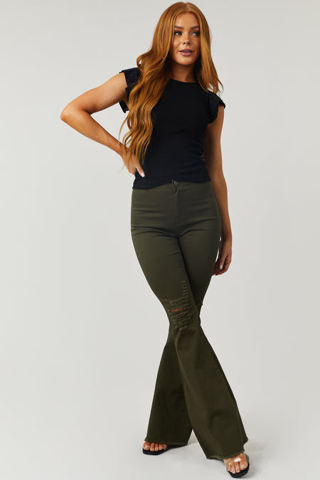 Hazel Dark Olive High Rise Flare Jeans