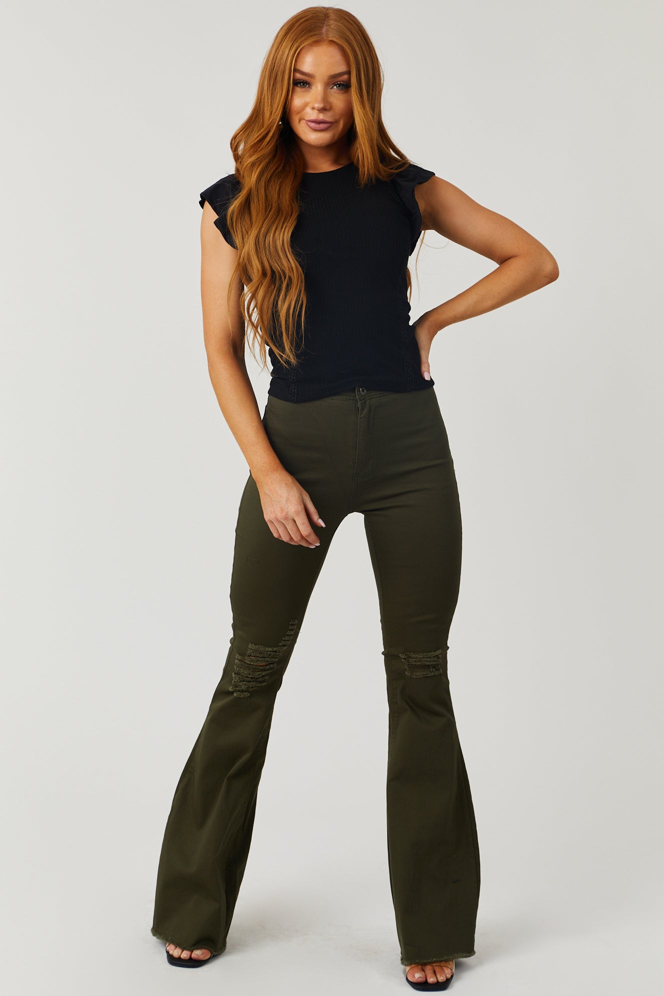 Hazel Dark Olive High Rise Flare Jeans