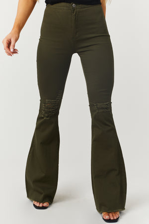 Hazel Dark Olive High Rise Flare Jeans