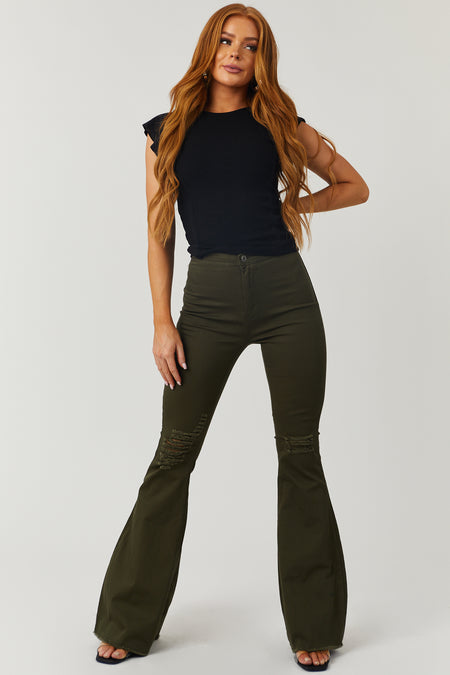 Hazel Dark Olive High Rise Flare Jeans