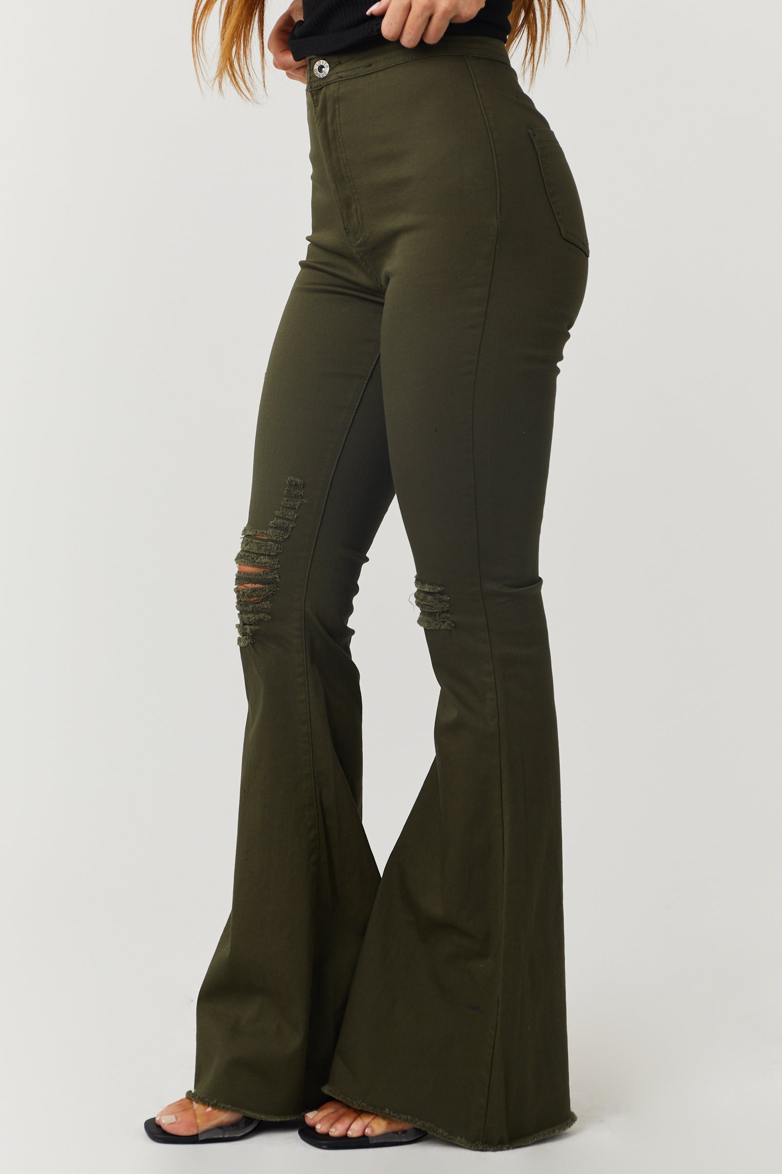 Hazel Dark Olive High Rise Flare Jeans