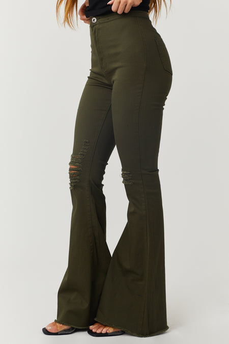 Hazel Dark Olive High Rise Flare Jeans