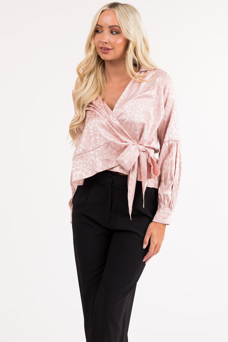 Hazy Blush Satin Leopard Print Wrap Blouse