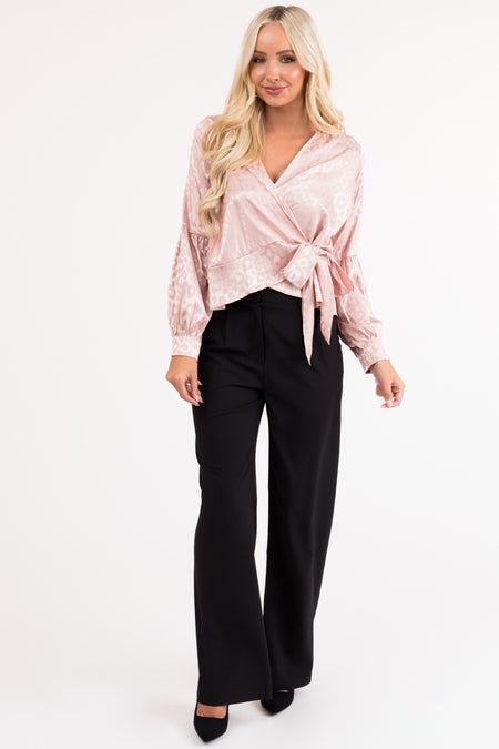 Hazy Blush Satin Leopard Print Wrap Blouse