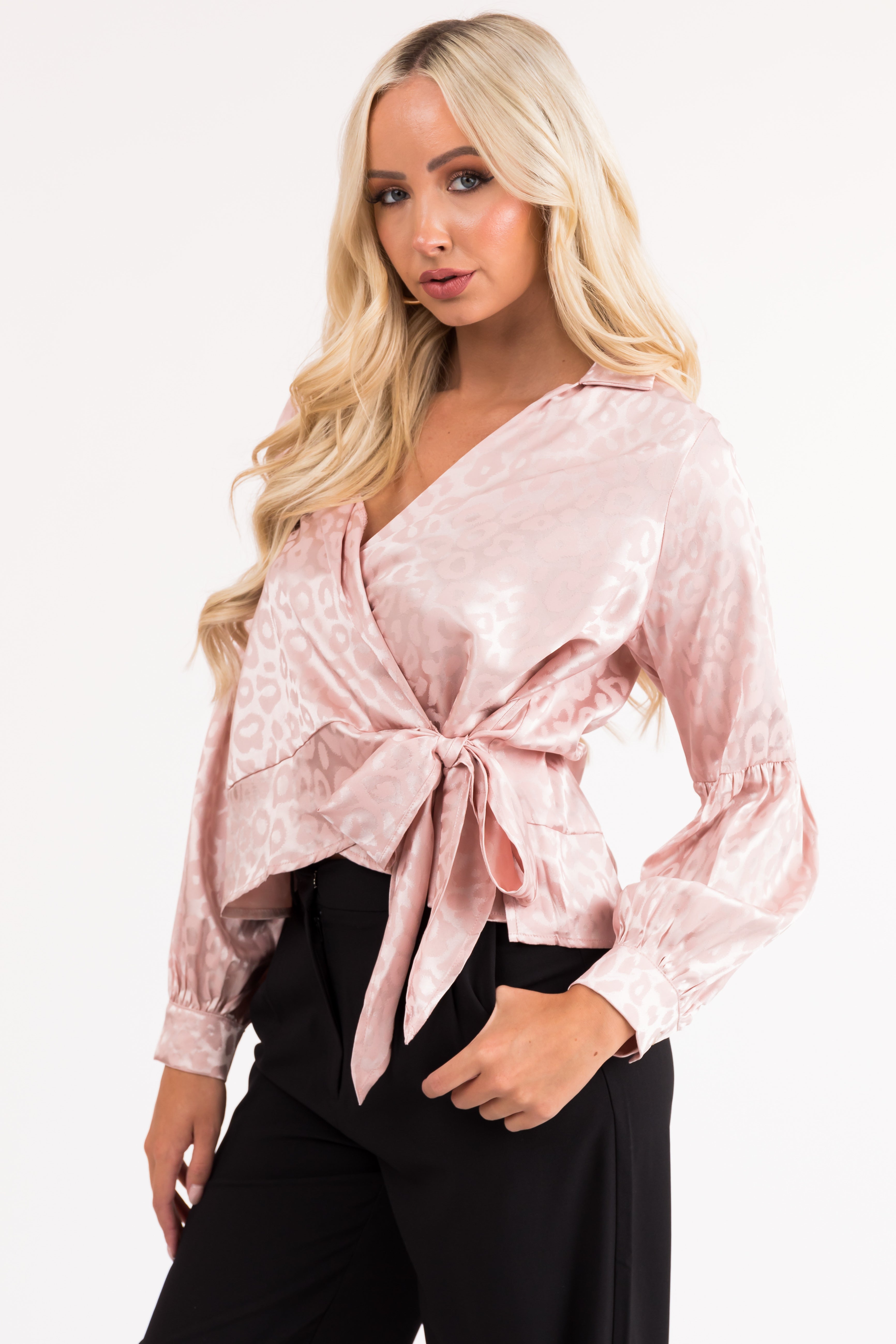 Satin leopard wrap store blouse