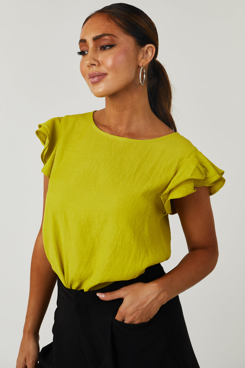 Hazy Lime Ruffle Cap Sleeve Textured Blouse