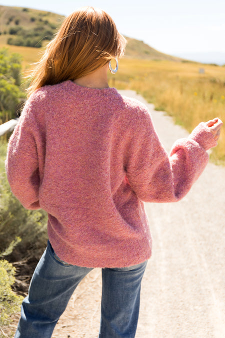 Hazy Pink Fuzzy Knit Cozy Bubble Sleeve Sweater