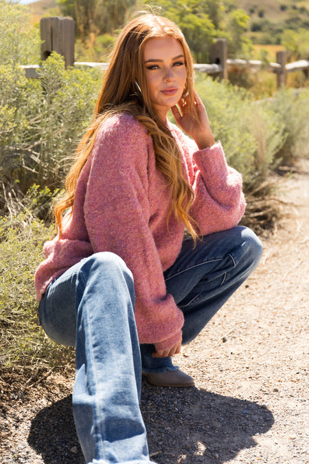 Hazy Pink Fuzzy Knit Cozy Bubble Sleeve Sweater