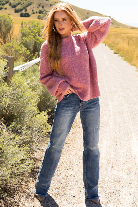 Hazy Pink Fuzzy Knit Cozy Bubble Sleeve Sweater