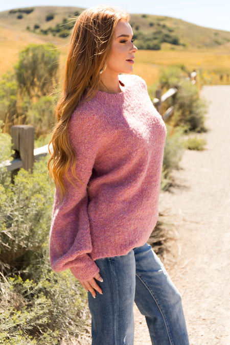 Hazy Pink Fuzzy Knit Cozy Bubble Sleeve Sweater