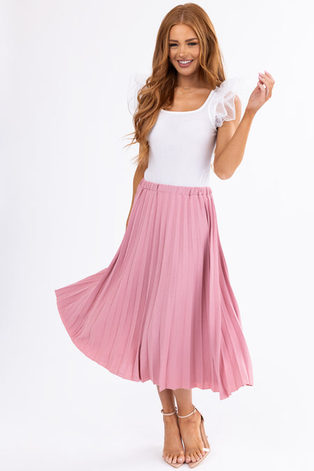 Hazy Pink Pleated Elastic Waist Midi Skirt