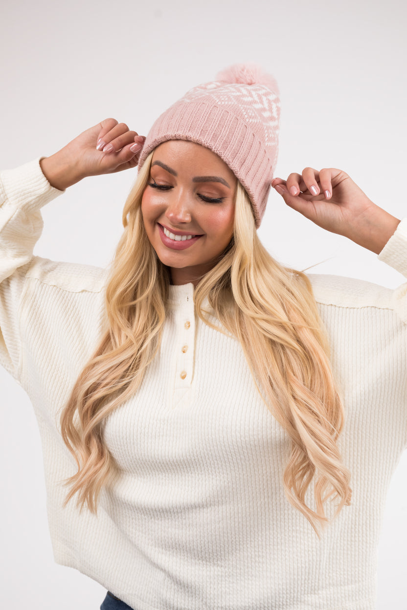 Hazy Blush Printed Faux Fur Pom Pom Beanie