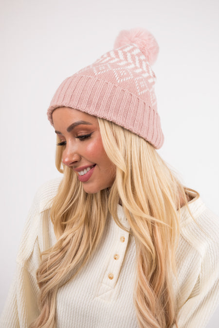 Hazy Blush Printed Faux Fur Pom Pom Beanie