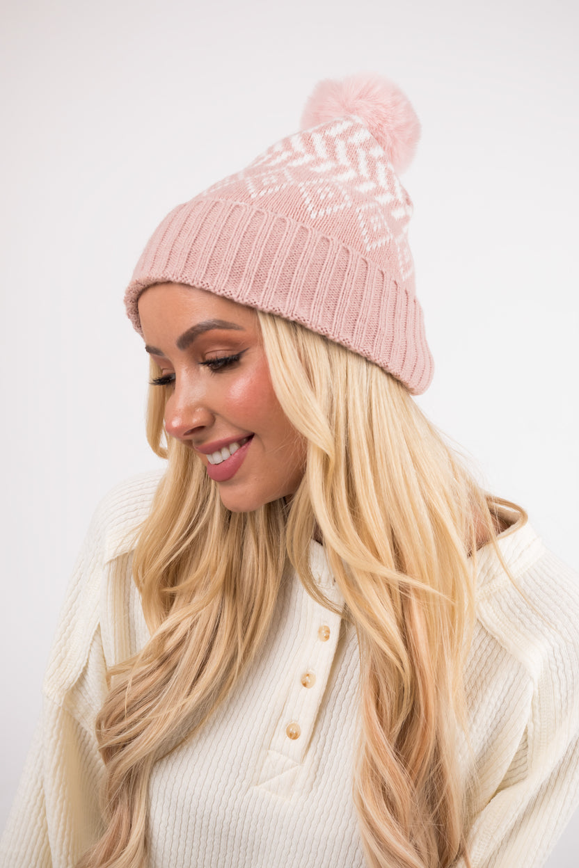 Hazy Blush Printed Faux Fur Pom Pom Beanie