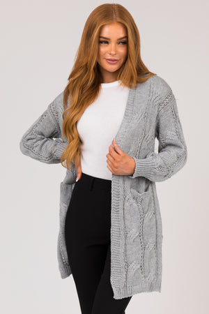 Heather Grey Eyelet Cable Knit Cardigan