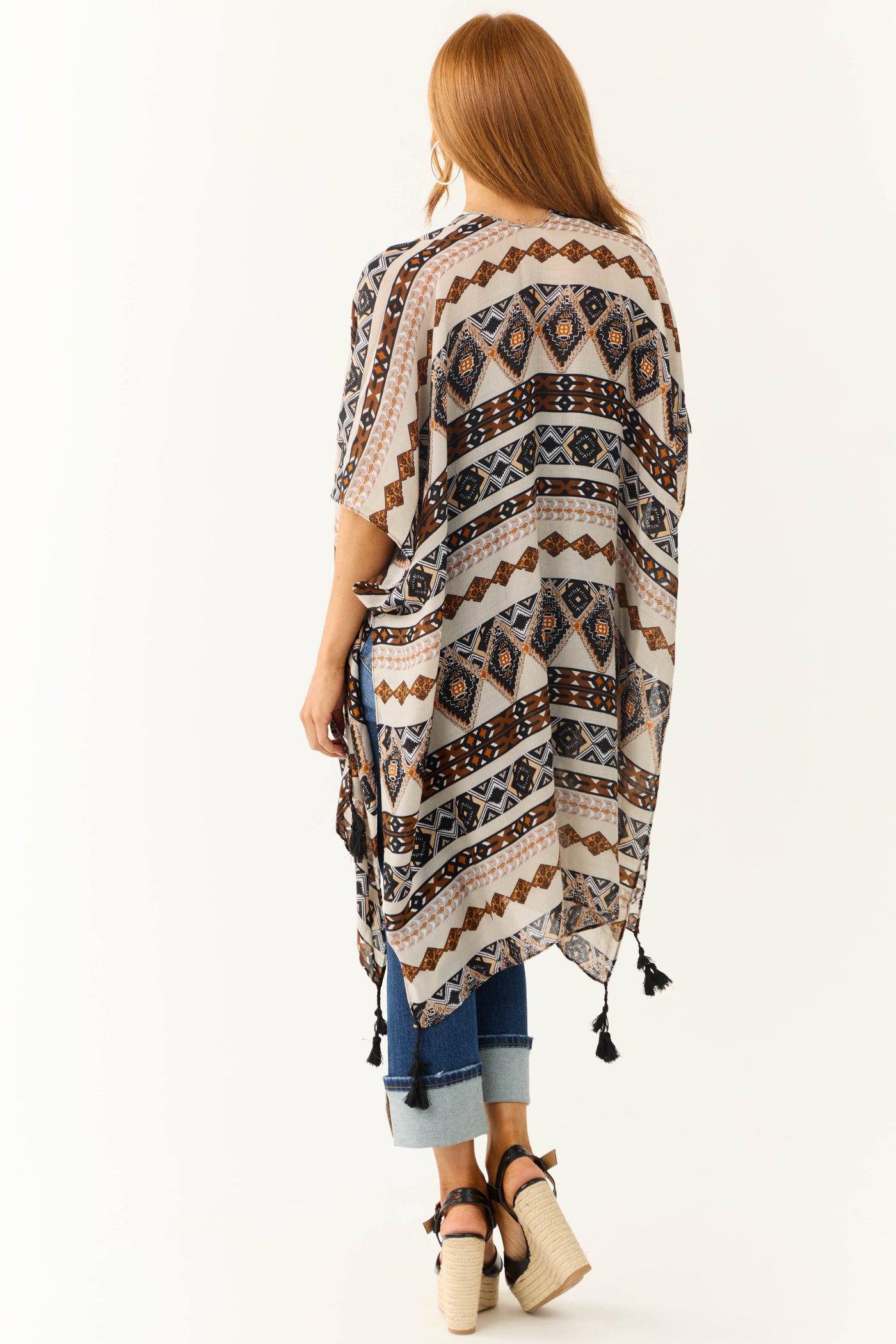 Heather Grey Geometric Print Tassel Kimono