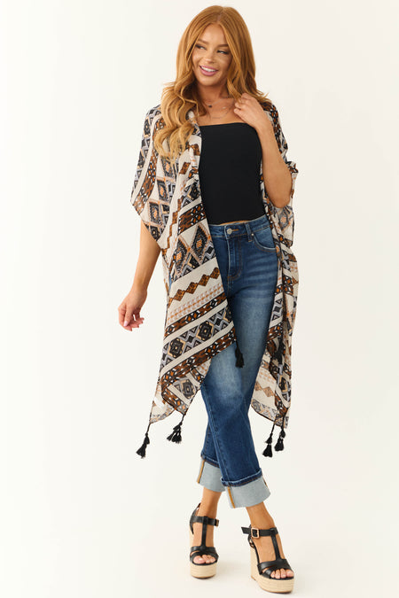 Heather Grey Geometric Print Tassel Kimono