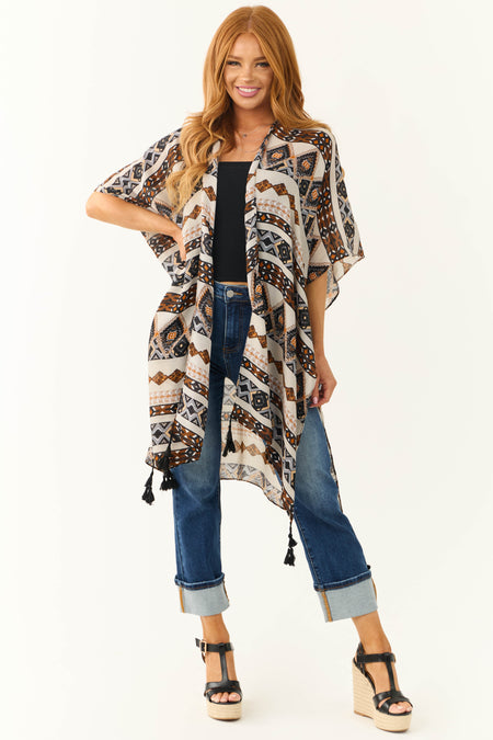 Heather Grey Geometric Print Tassel Kimono