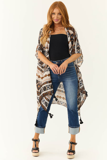 Heather Grey Geometric Print Tassel Kimono