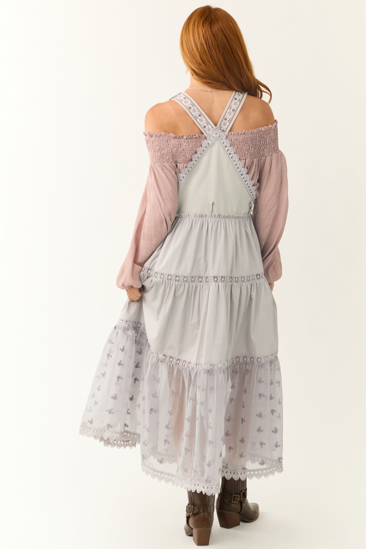 Heather Grey Lace Tiered Overalls Maxi Dress