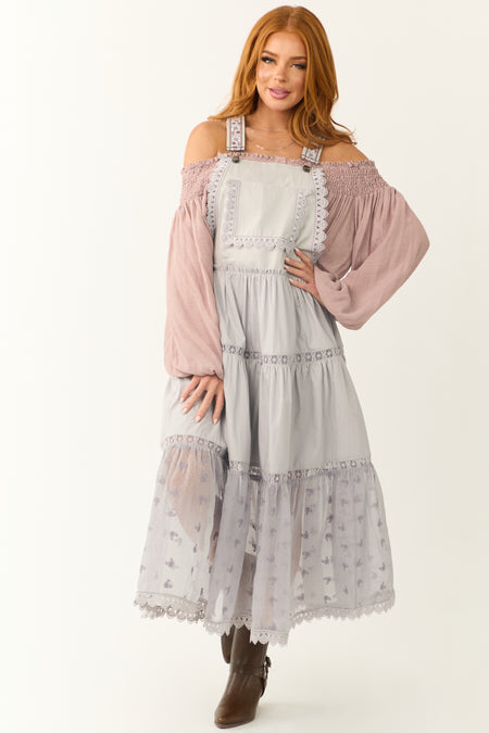 Heather Grey Lace Tiered Overalls Maxi Dress