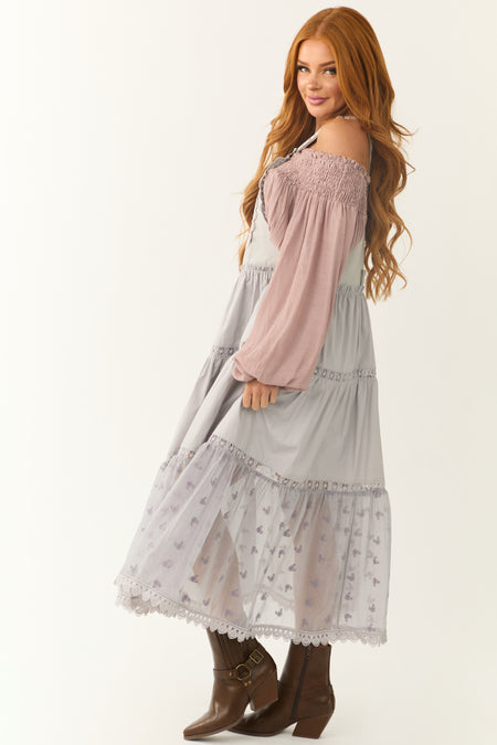 Heather Grey Lace Tiered Overalls Maxi Dress