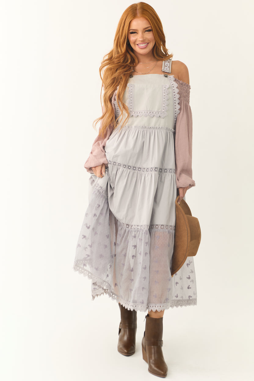 Heather Grey Lace Tiered Overalls Maxi Dress