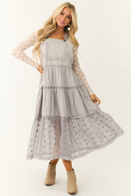 Heather Grey Lace Tiered Overalls Maxi Dress