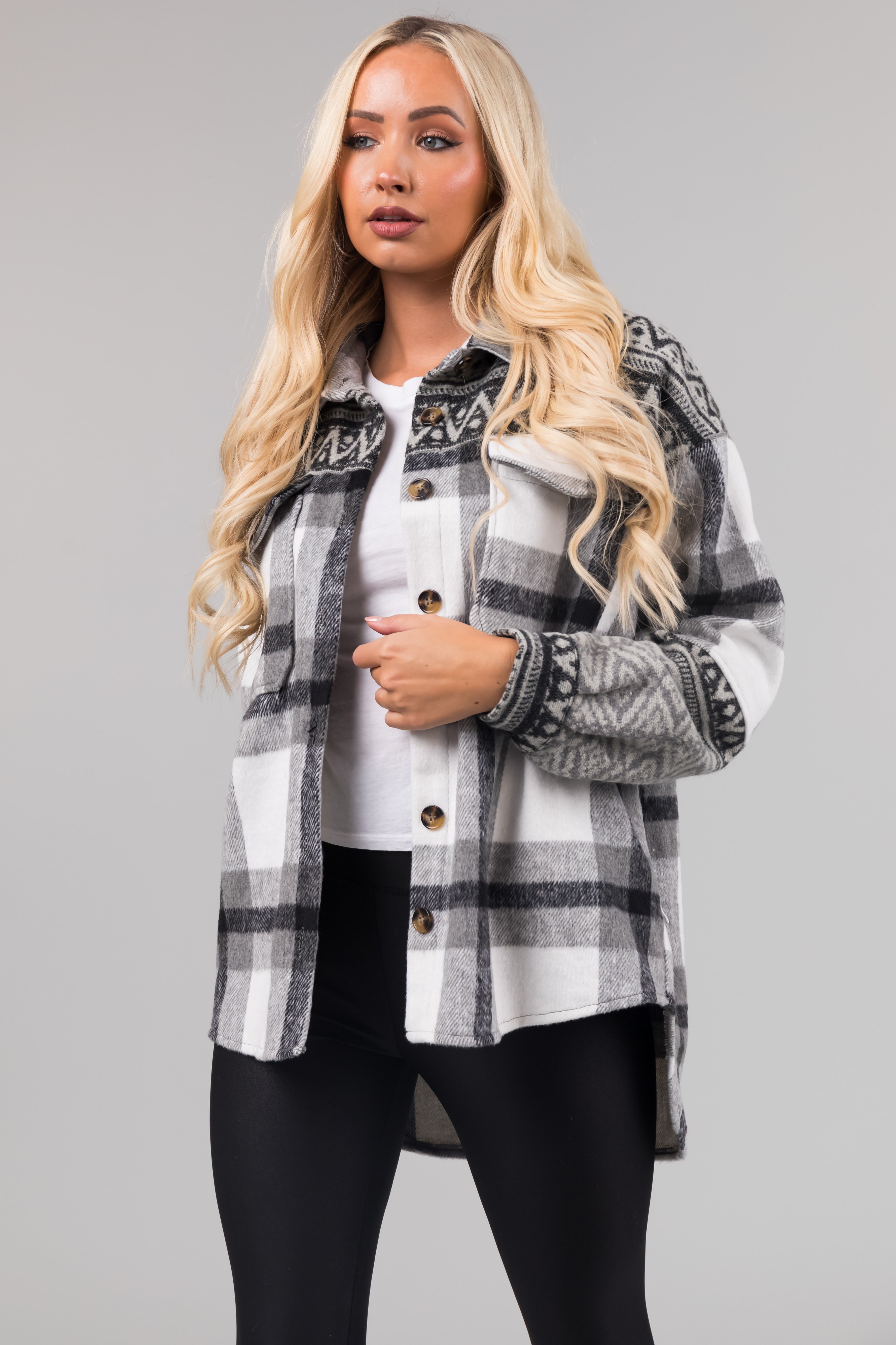 Heather Grey Plaid Shacket with Aztec Print Contrast