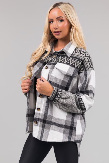 Heather Grey Plaid Shacket with Aztec Print Contrast