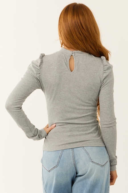 Heather Grey Puff Shoulder Long Sleeve Knit Top