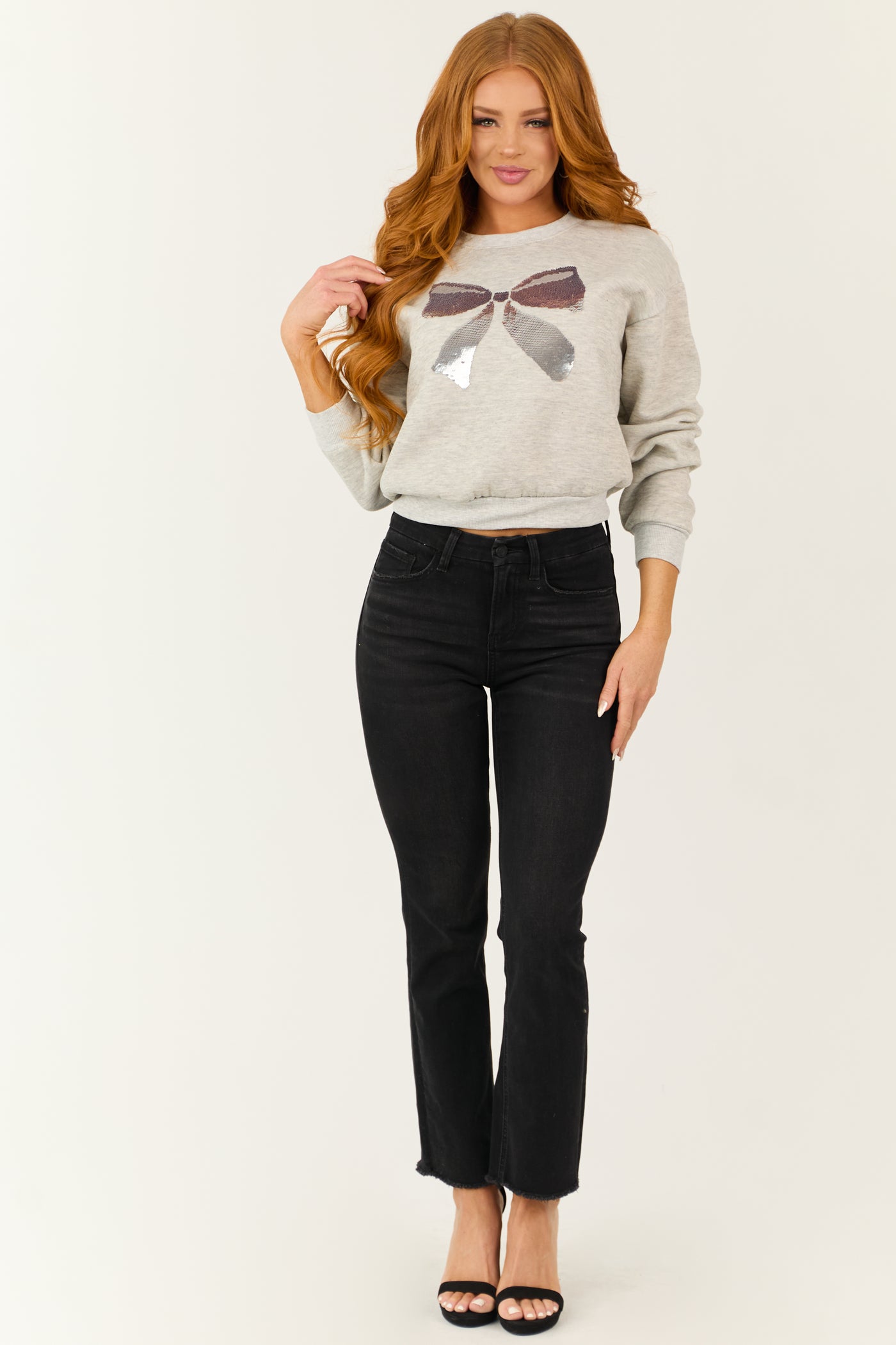 Heather Grey Reversible Sequin Bow Graphic Sweatshirt