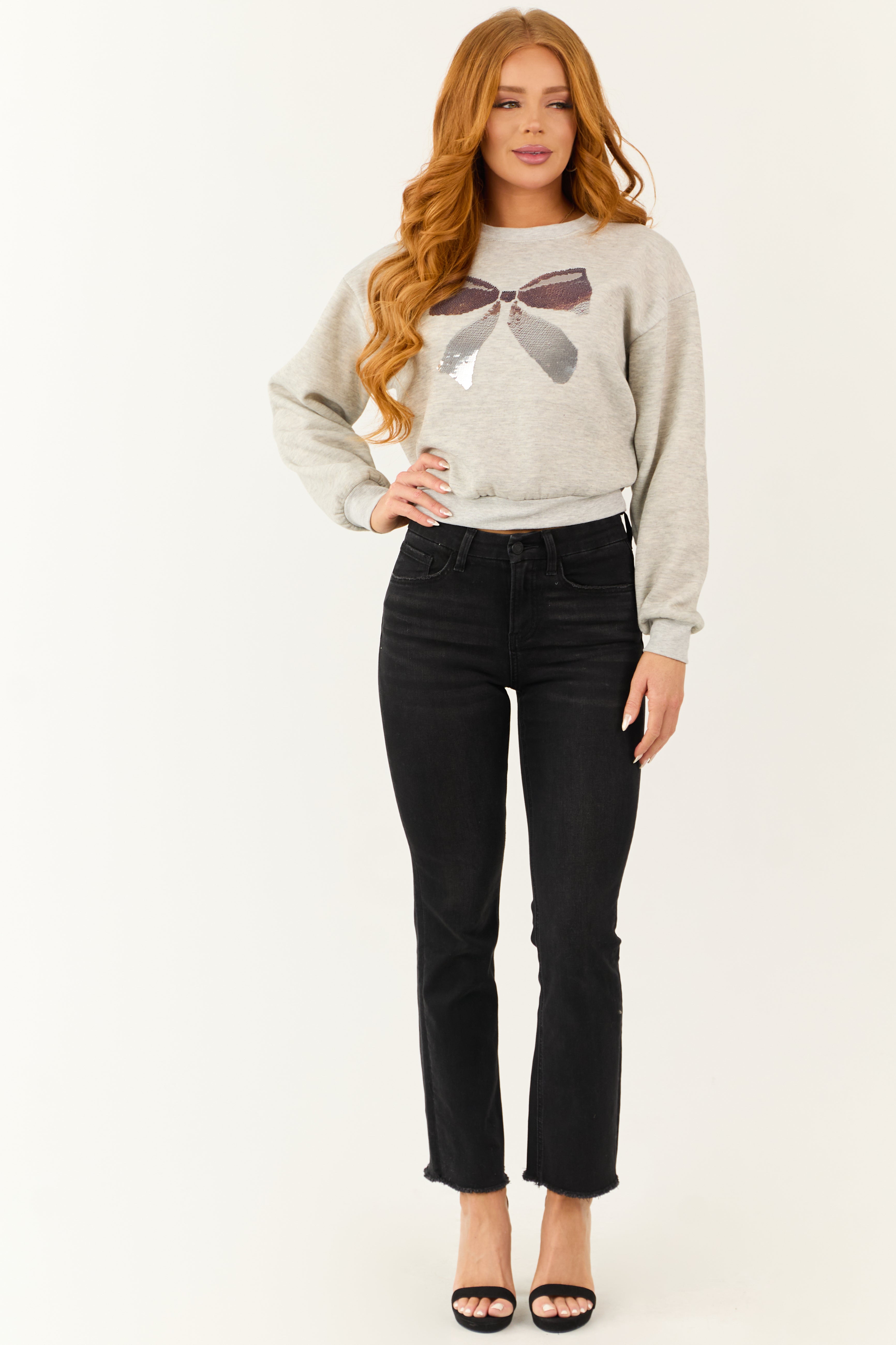 Heather Grey Reversible Sequin Bow Graphic Sweatshirt