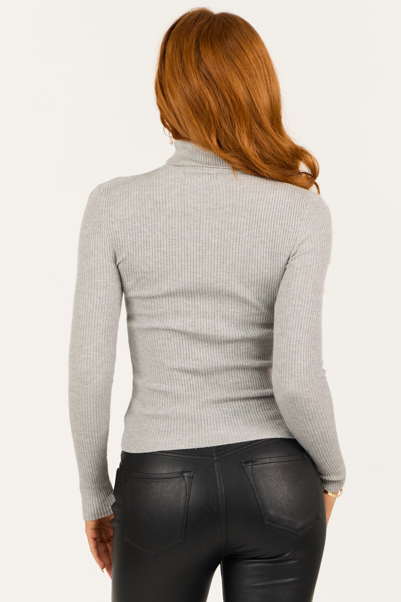 Heather Grey Turtleneck Ribbed Long Sleeve Top