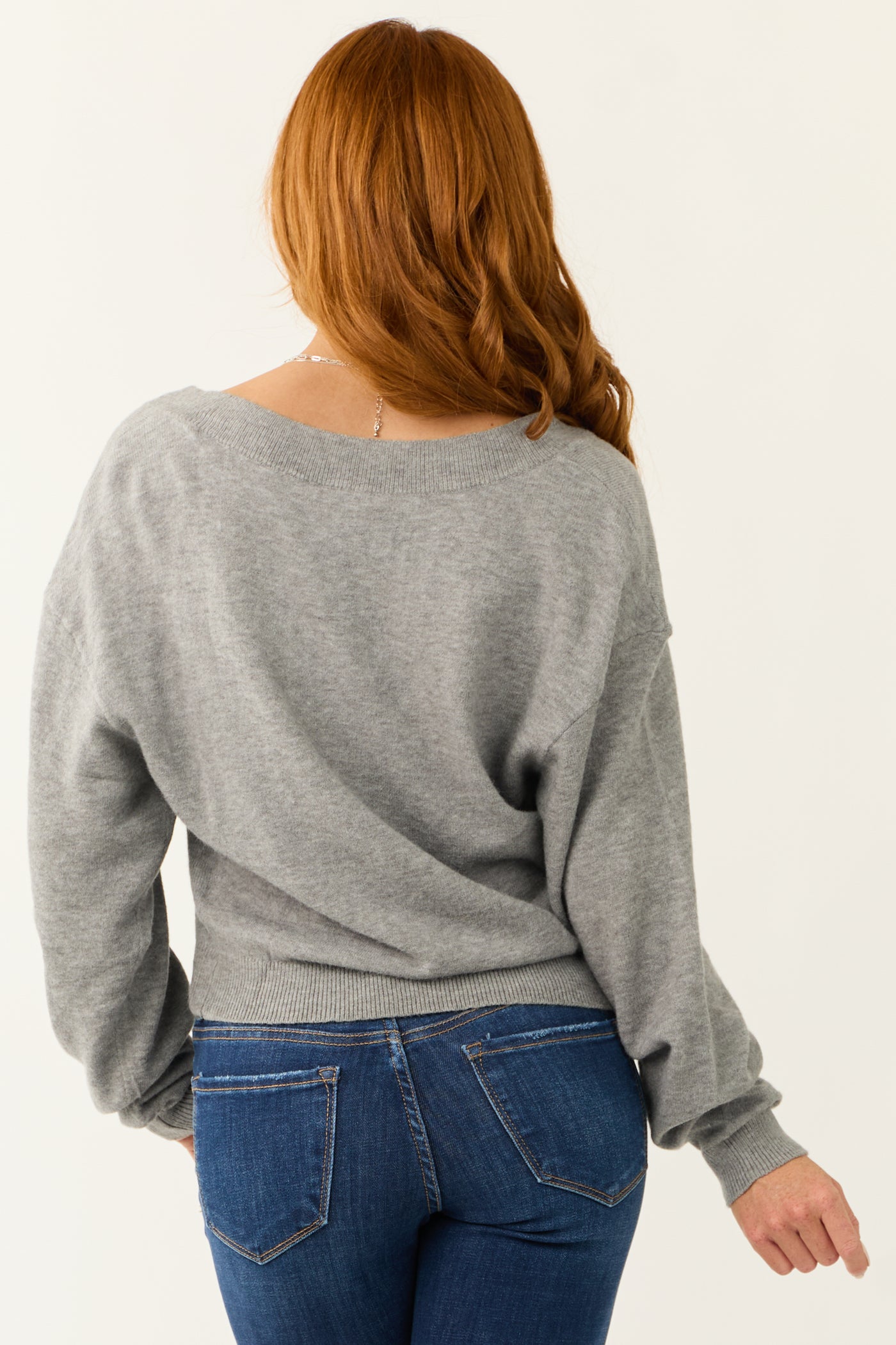 Heather Grey Wide V Neck Sweater