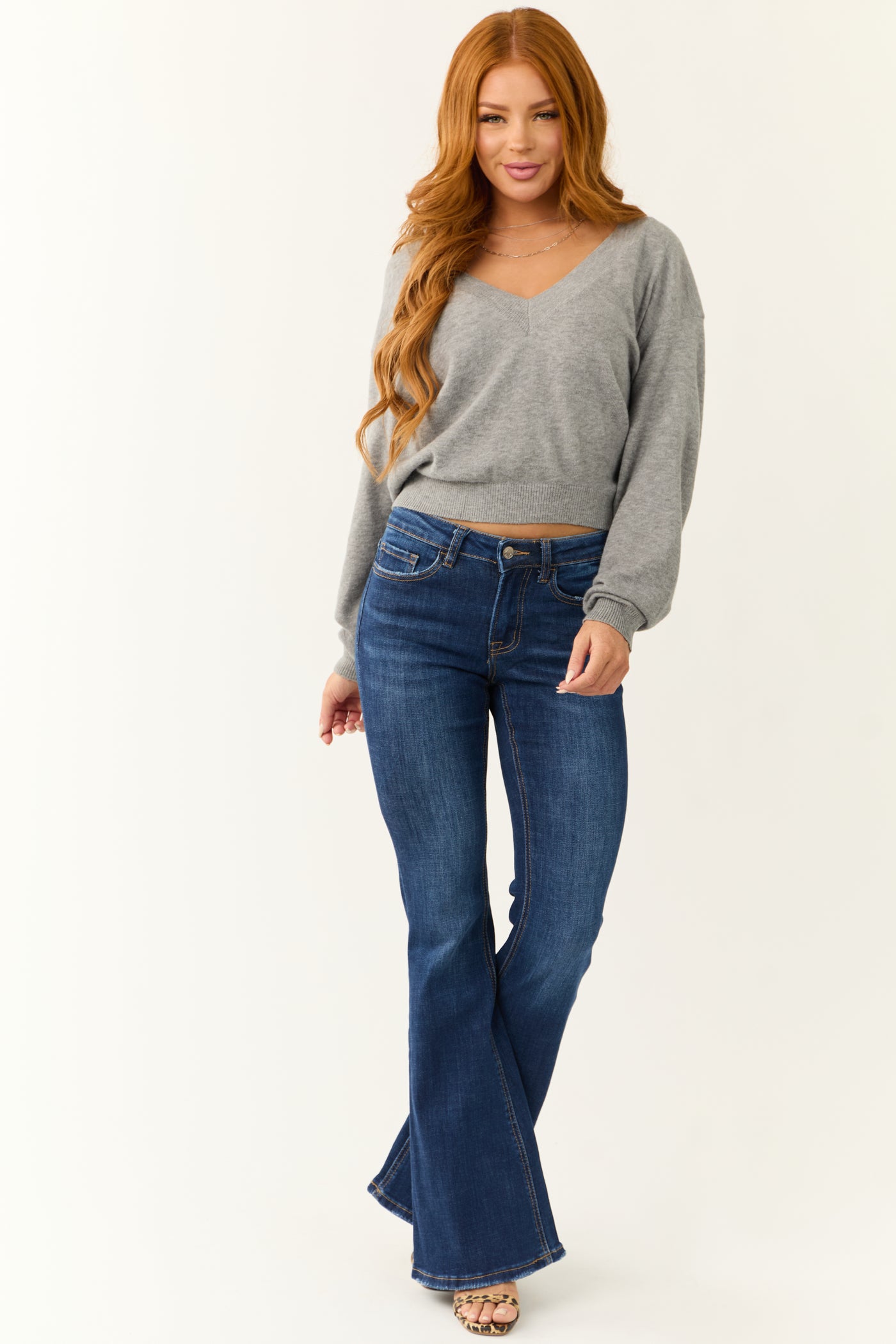 Heather Grey Wide V Neck Sweater