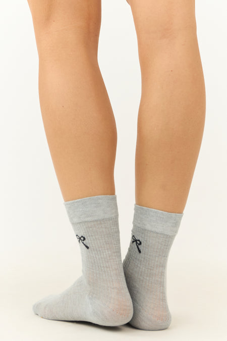 Heather Grey Bow Print Mid Calf Socks