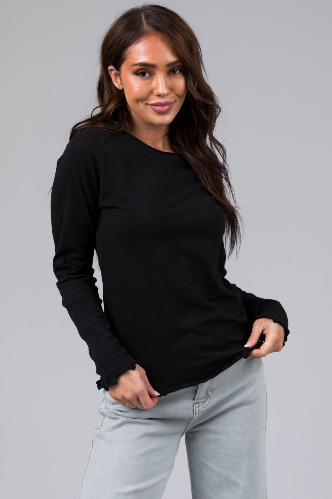 Heathered Black Lettuce Trim Long Sleeve Top & Lime Lush