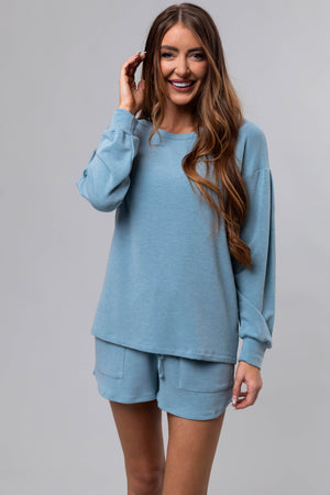 Heathered Blue Long Sleeve Soft Knit Top