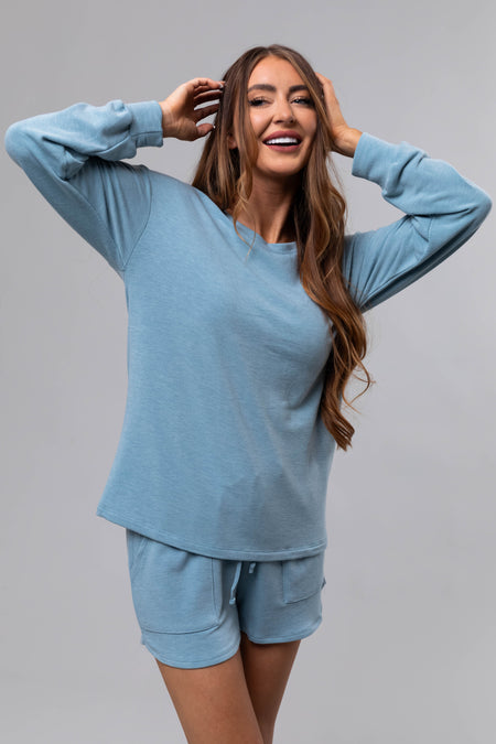 Heathered Blue Long Sleeve Soft Knit Top