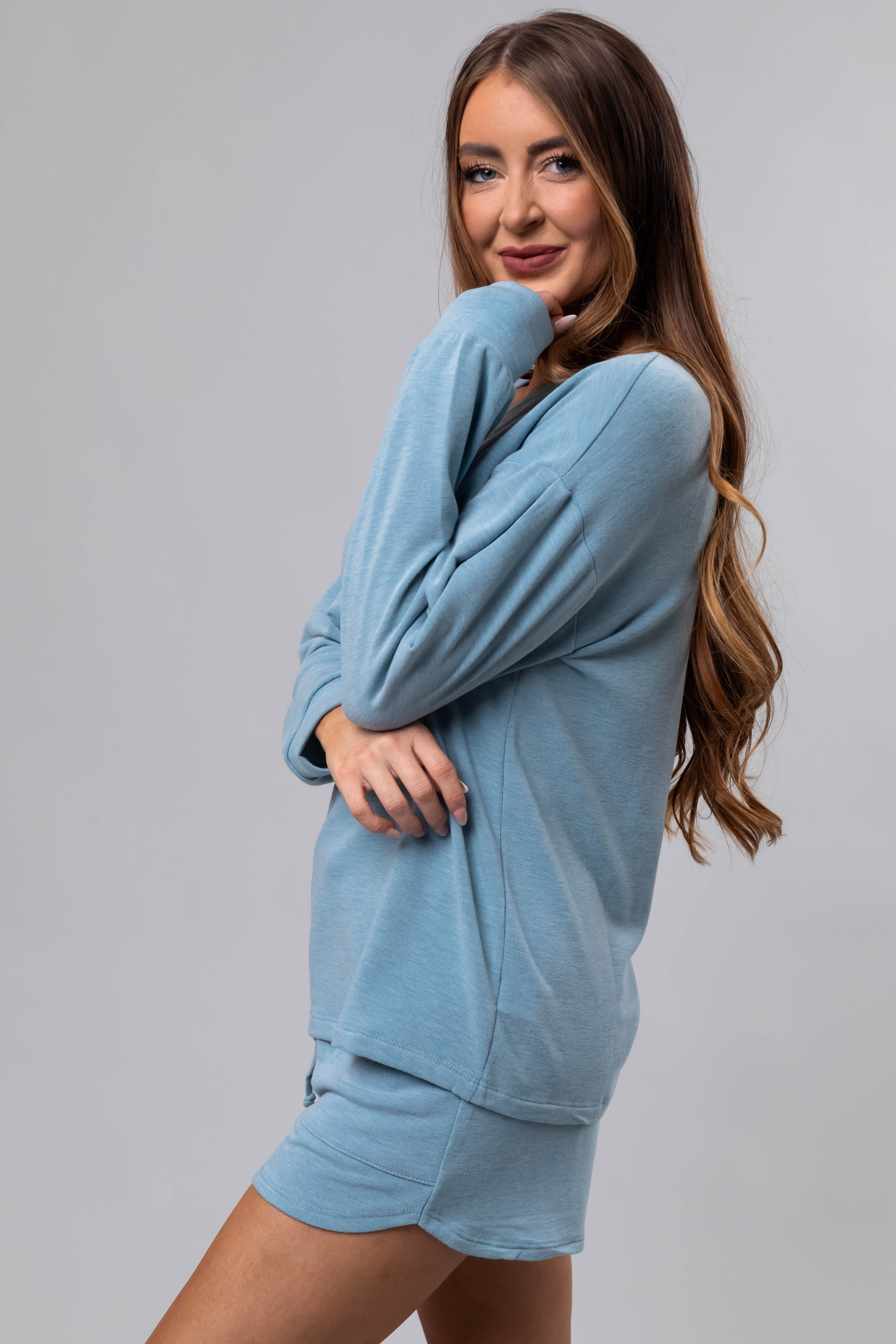 Heathered Blue Long Sleeve Soft Knit Top