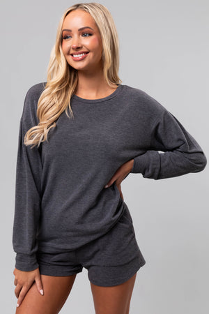 Heathered Charcoal Long Sleeve Soft Knit Top