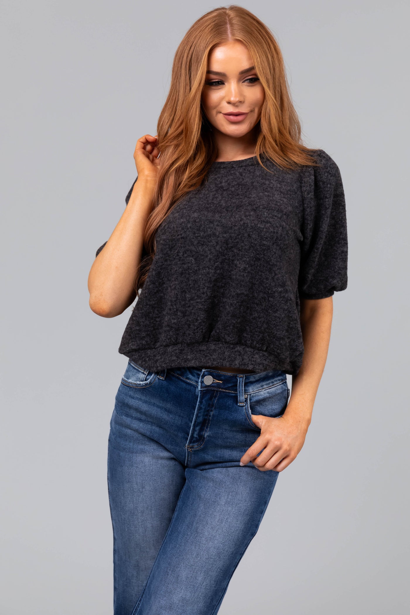 Heathered Charcoal Puff Sleeve Brushed Knit Top