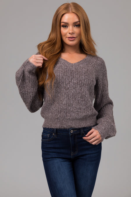 Heathered Graphite V Neck Bubble Sleeve Sweater