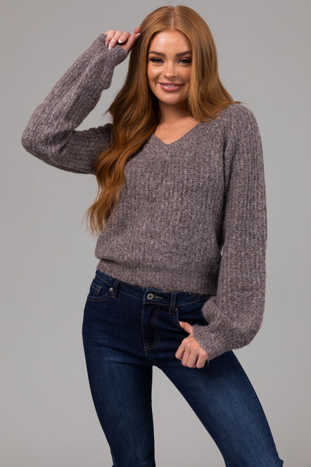 Heathered Graphite V Neck Bubble Sleeve Sweater