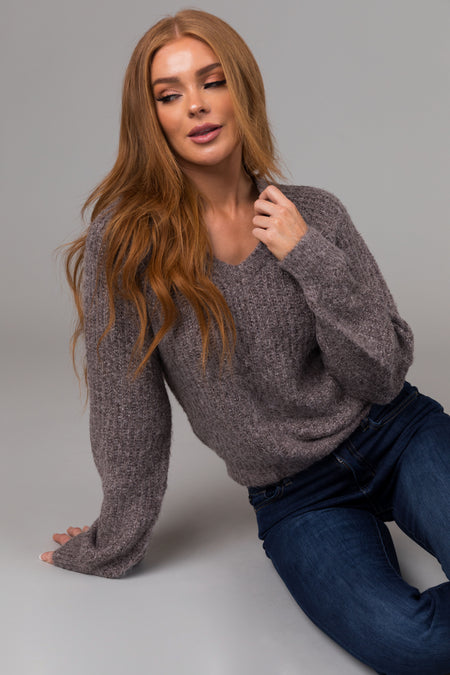 Heathered Graphite V Neck Bubble Sleeve Sweater