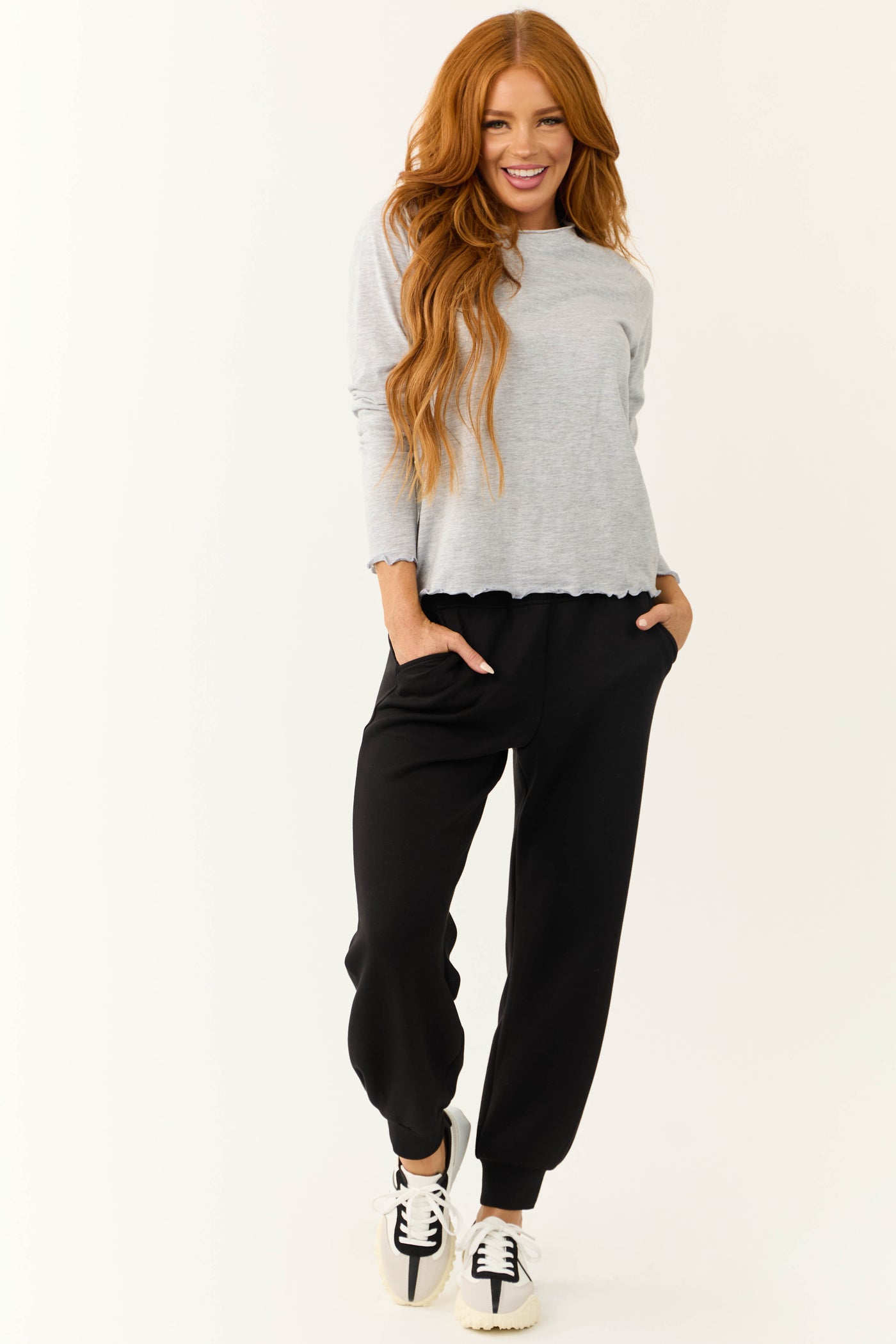 Heathered Grey Lettuce Trim Long Sleeve Top