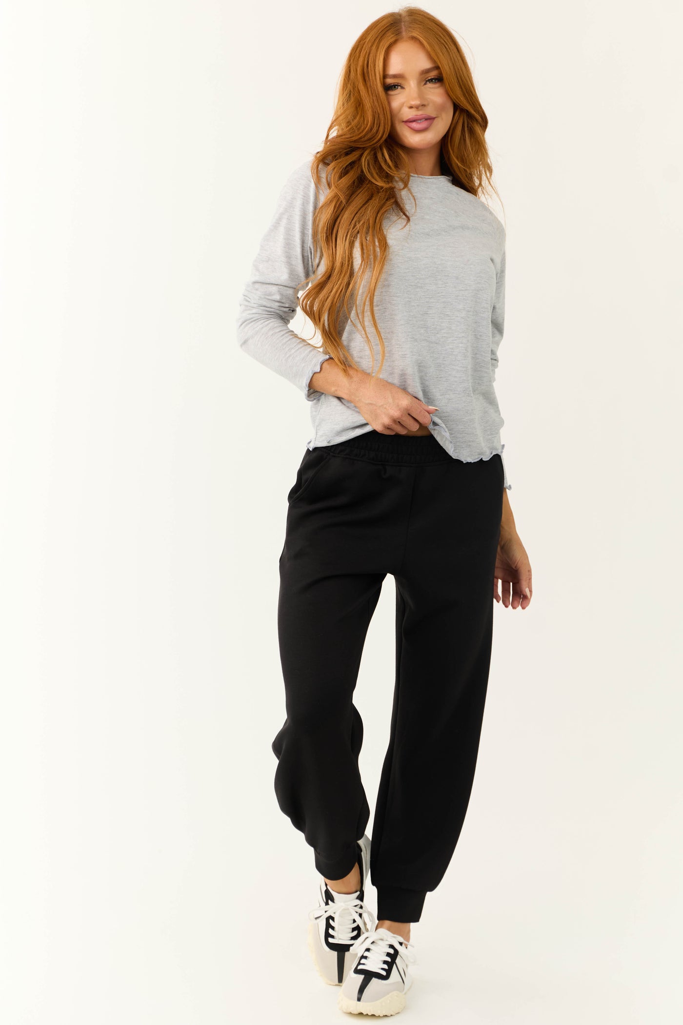 Heathered Grey Lettuce Trim Long Sleeve Top