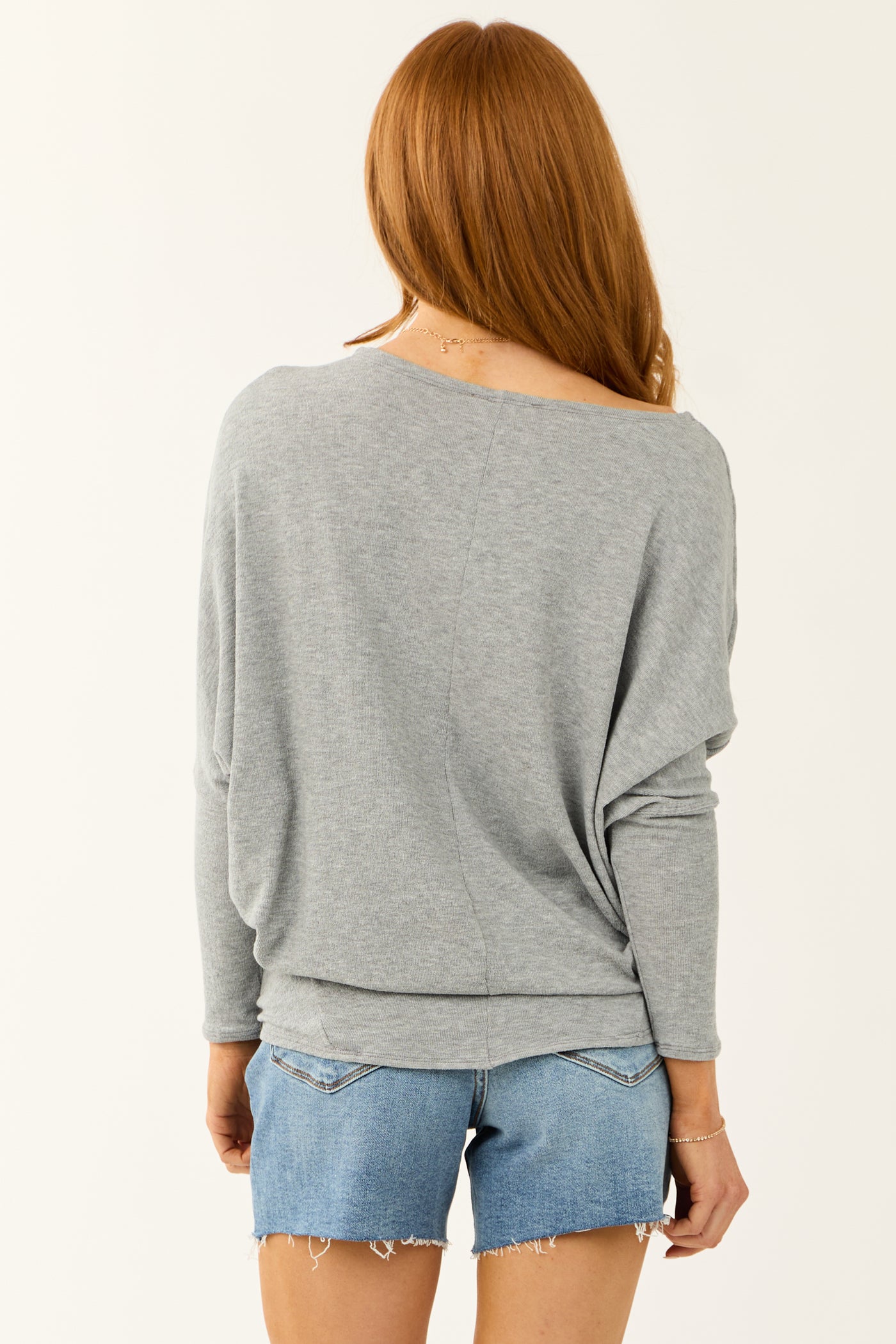 Heathered Grey Round Neck Knit Top with Long Dolman Sleeves